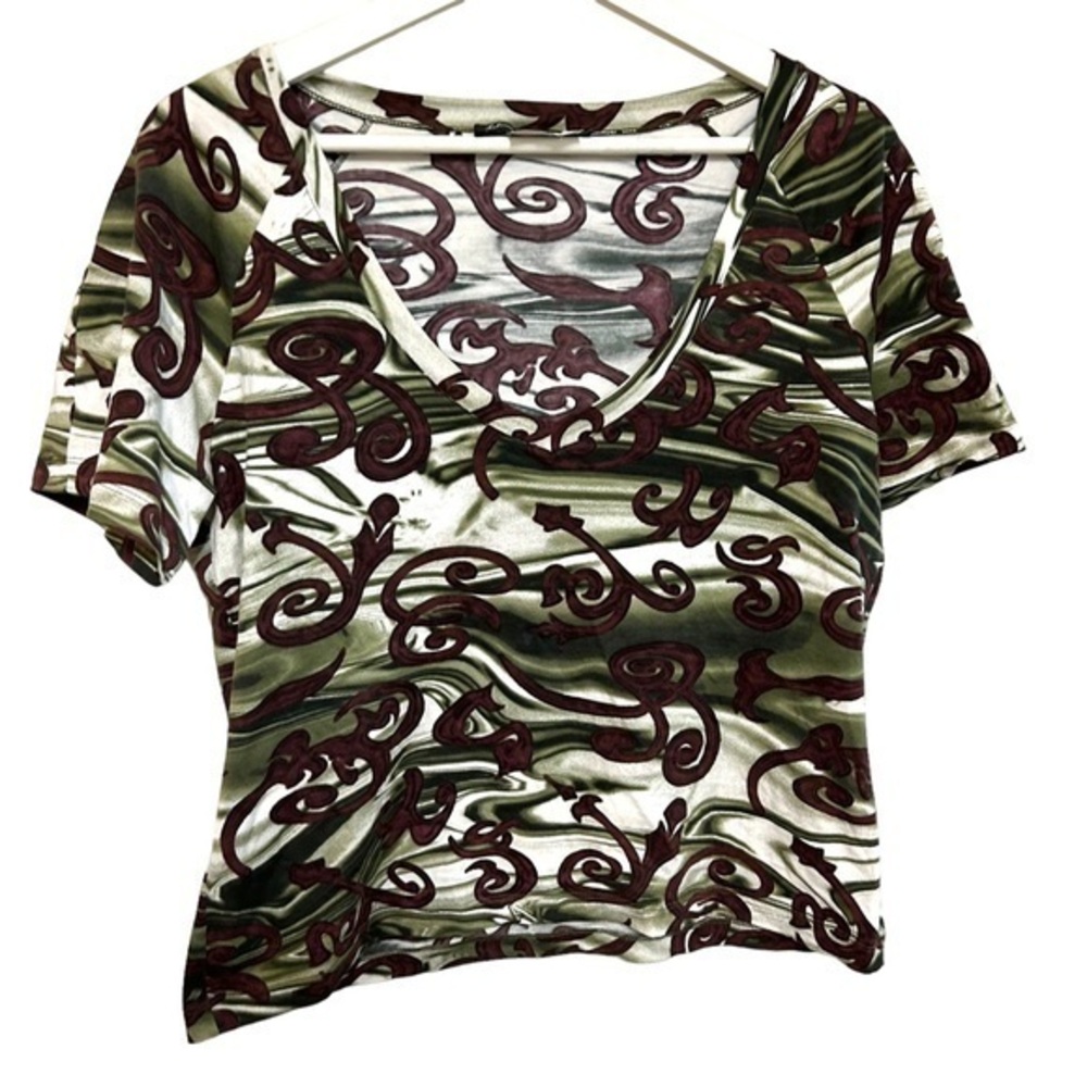 salvatore‎ ferragamo L-XL Y2K v-neck baby tee abstract funky geometric stretch
